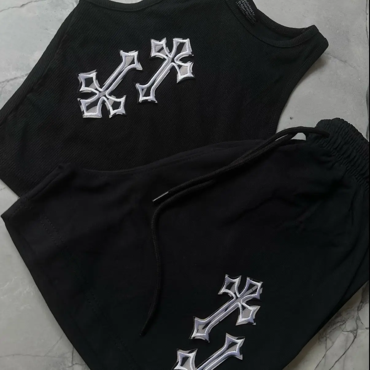 CROSSED OUT’ RACER CROP TOP & JOGGER SHORTS CO ORD SET- BLACK & ZEBRA CROSS PATCH