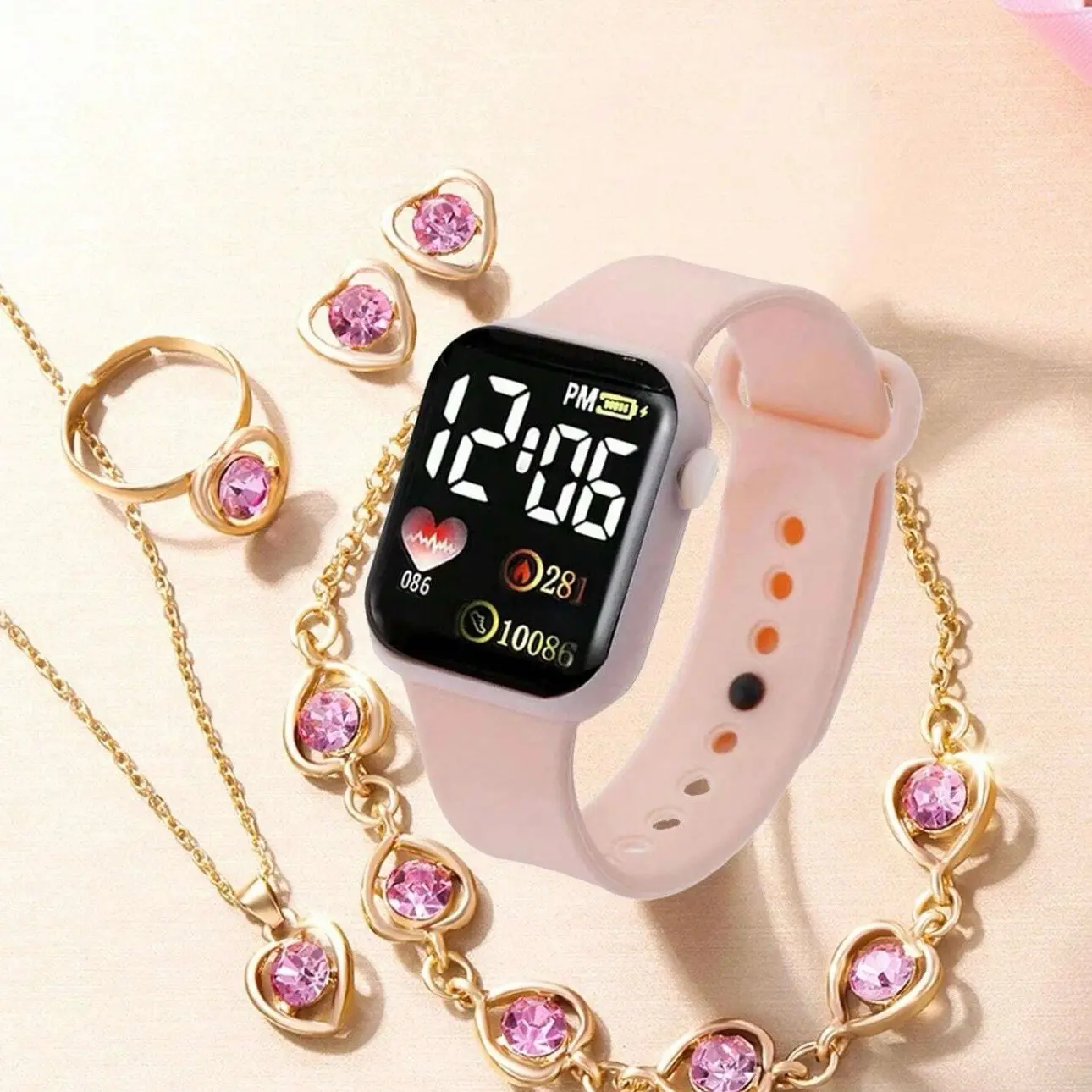 Teens Digital LED Silicone Watch and Rhinestone Jewelry Set - Gift for Friends and Children