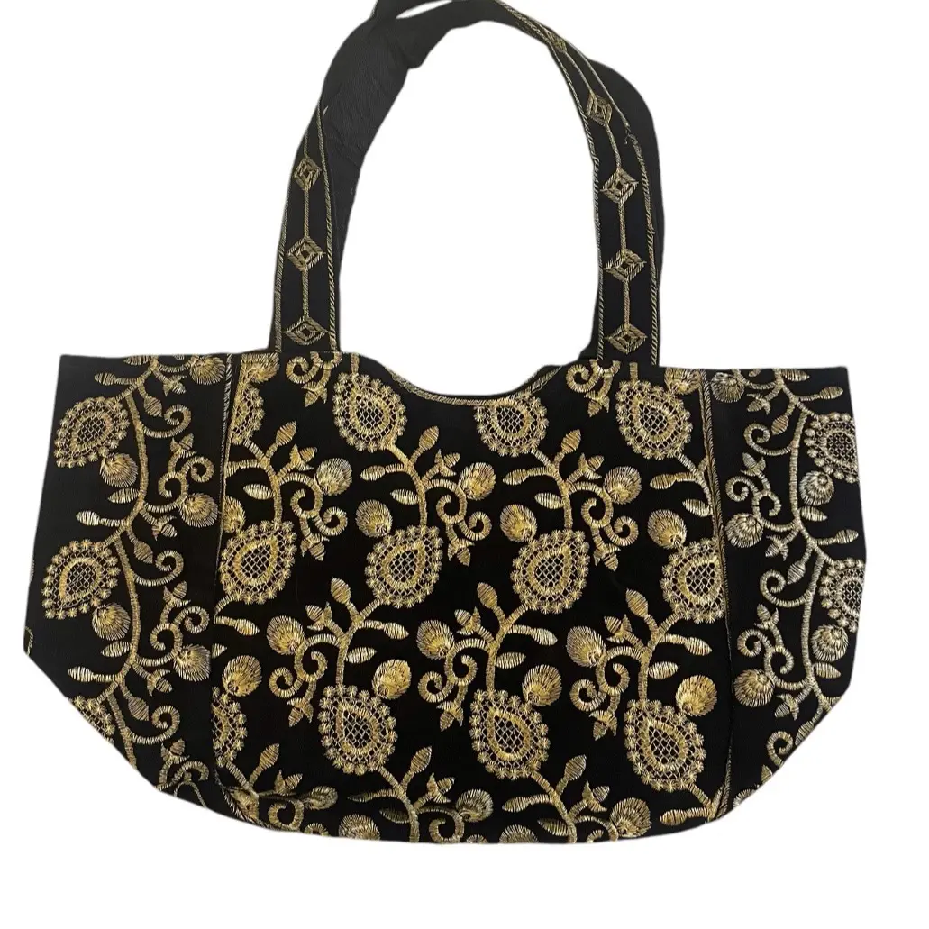 Womens Large Shoulder Bag Velvet Black and Gold Flowers design