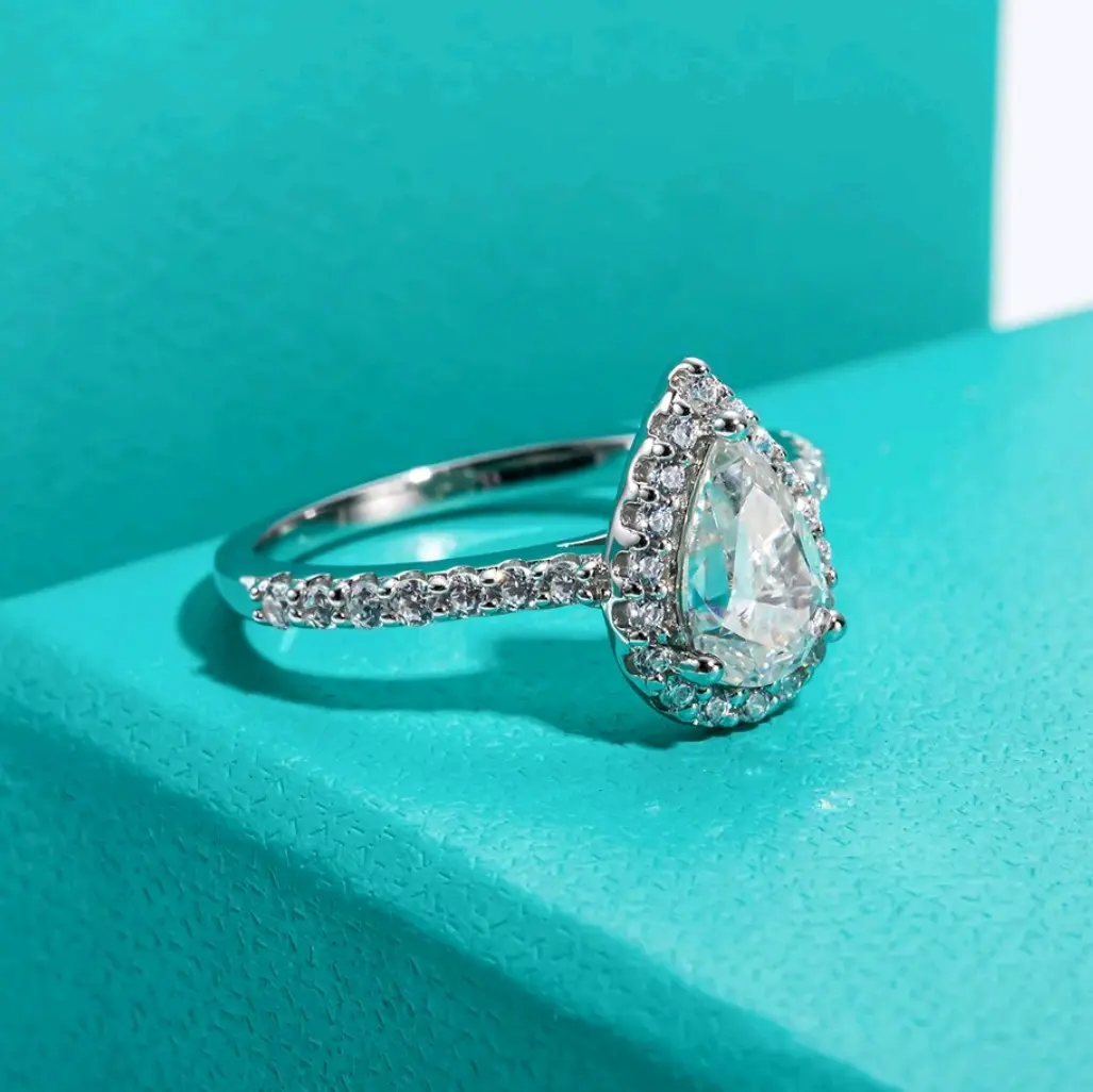 1.0ct D VVS1 Pear Shaped Moissanite Ring with GRA Certificates - 18k White Gold Vermeil Plate over 925 silver.