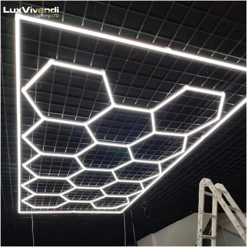 LuxVivend-Hexagon garage Light 6500K 680W 14grid Workshop Autoshop with White Border for Gym Garage Basement Warehouse Car Detailing Shop 0