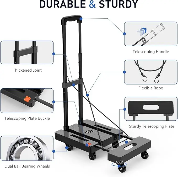 SPACEKEEPER Folding Hand Trolley, 227KGS Heavy Duty Platform Trolley with 6 Wheels and 2 Elastic Ropes for Luggage, Travel, Car, Shopping, Moving and Office, Orange 6
