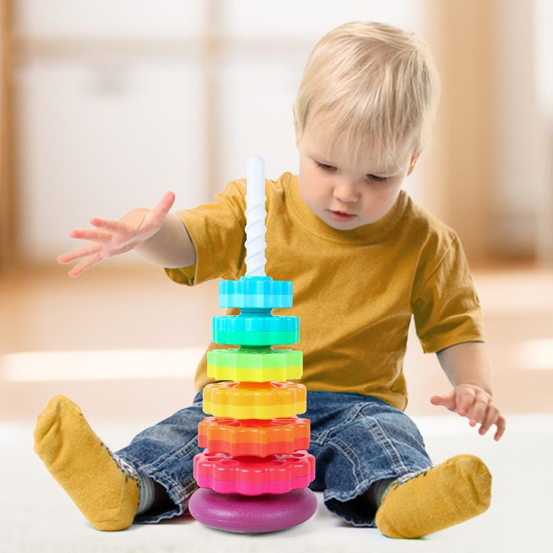 deAO Rainbow Stacking Tower Toy – Colorful Spiral Gear Stacking Game for Toddlers – Interactive Rotating Tower for Early Learning, Hand-Eye Coordination & Motor Skills Development – Safe & Durable Baby Toy 6