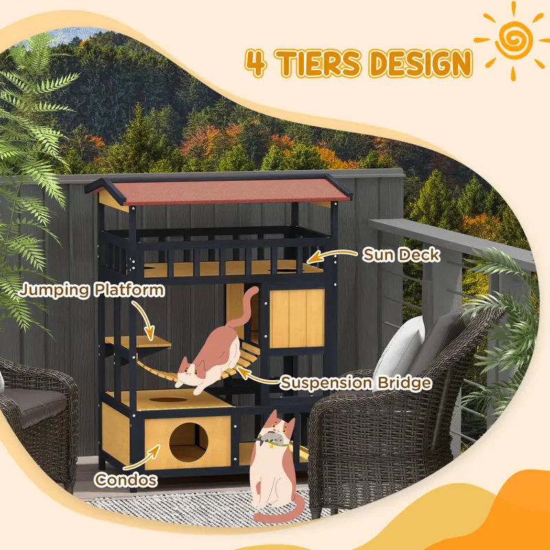 PawHut Cat House Wooden Cat Shelter Outdoor Cat House, 4 Tier Feral w/ Suspension Bridge, Balcony, Escape Doors, Water-Resistant Roof, for 1-2 Cats 3