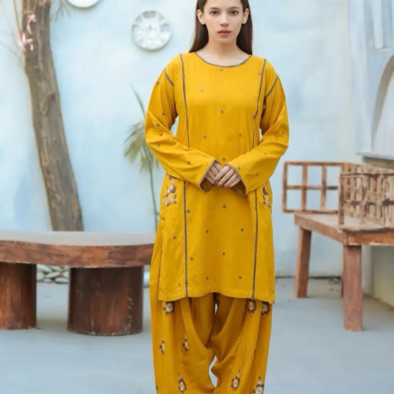 2 piece shalwar style embroidered womenswear Womenswear Comfort Casual Dress Fabric Linen Shirt Trouser Suit