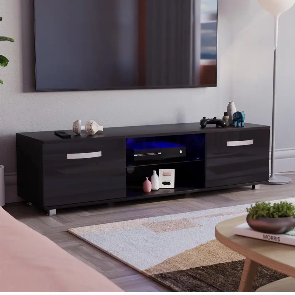 1 Piece LED TV Stand Cabinet Unit Modern High Gloss 2 Door MDF Entertainment RGB Lights