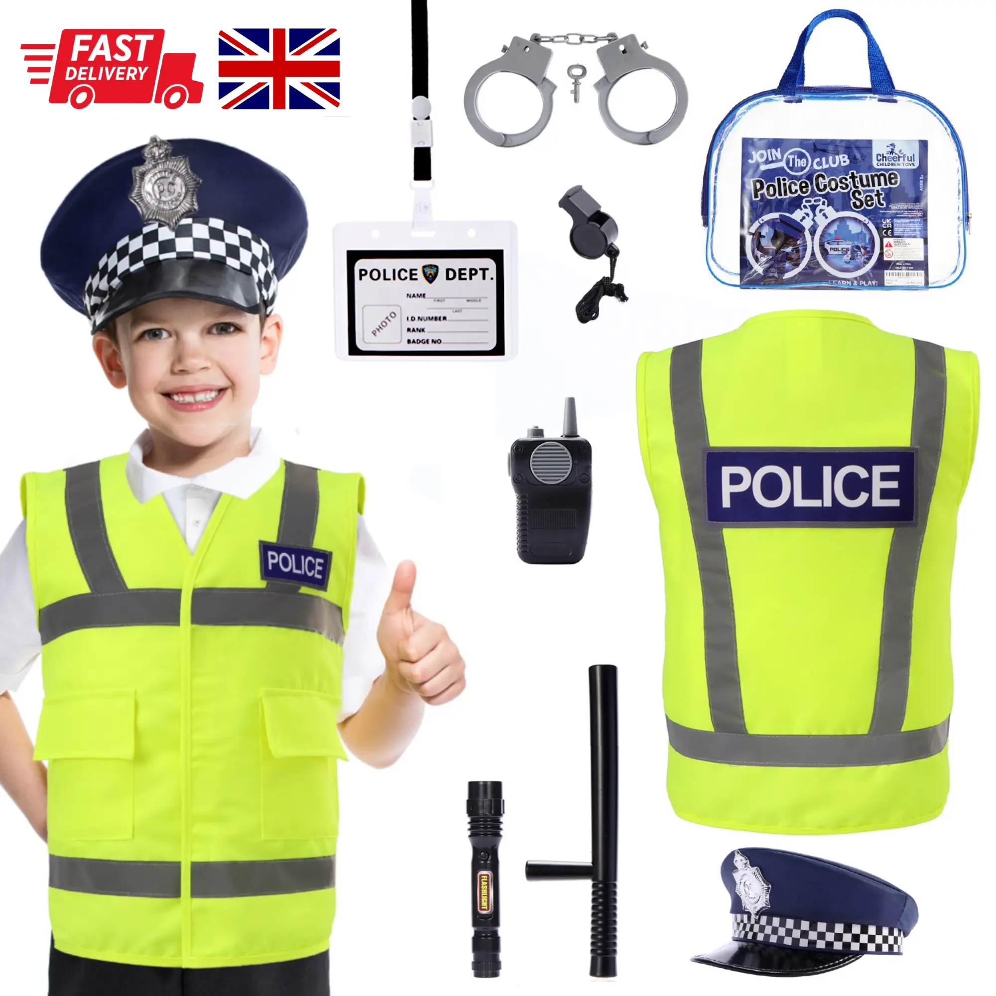 Cheerful Children Toys Kids Police Costume - 10 Pcs Police Officer Outfit Dress Up - Ideal for Boys & Girls Aged 3-7 - Include Vest & Hat - Kids Fancy Dress for Roleplay, Halloween, & STEM Learning