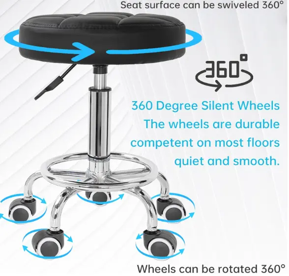 Round Rolling Stool Chair, PU Leather Height Adjustable Salon Stool with Wheels, 360° Swivel Stool Chair for Office Shop Salon Tattoo Massage Spa Work cross legged criss cross critical role chair 4