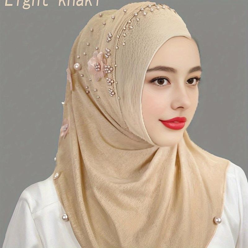 Luxurious Pearl Flower Instant Hijab - Soft, Breathable, Solid Color Pullover Bandana for Casual Outdoor Sunscreen and Head Wrap - Elegant, Comfortable, and Versatile Fashion Accessory 3