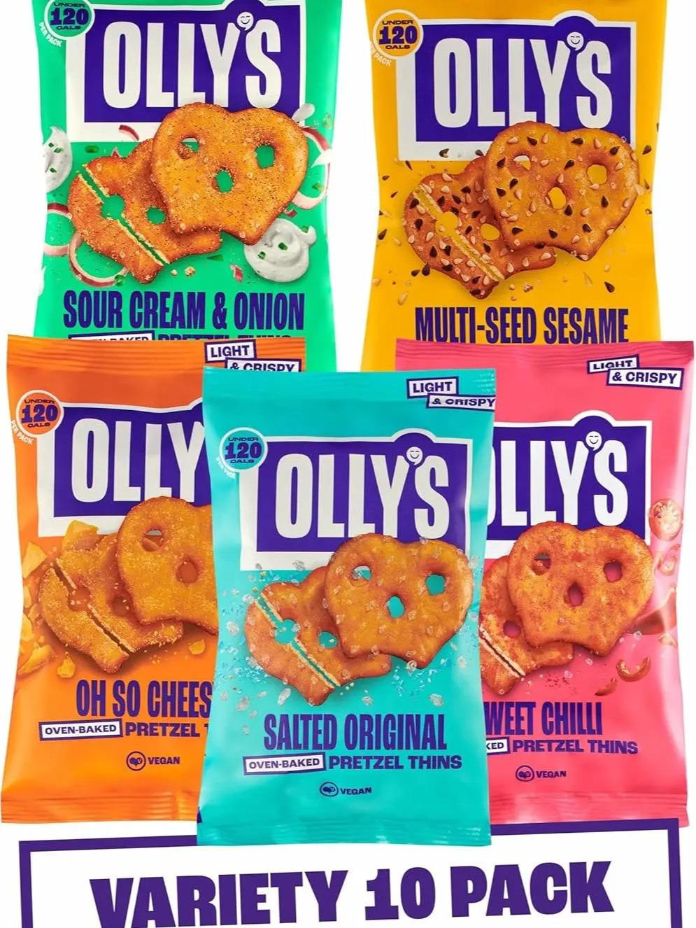 Pretzel Thins, New Variety Pack, 35g (Pack of 10), x2 Salted, x2 Multi Seeded, x2 Sour Cream, x2 Sweet Chilli x2 Cheesy, Low Calorie Snacks, Low Fat, Source of Fibre, No Preservatives
