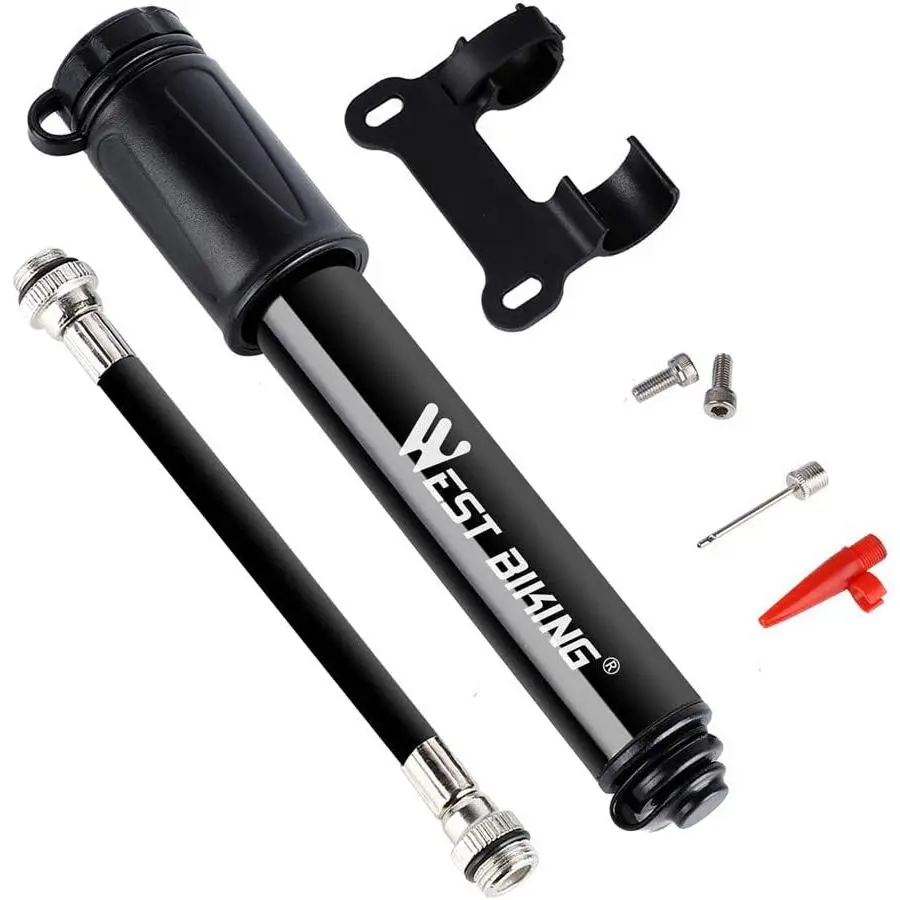 Portable Mini Aluminum Alloy Bicycle Pump - Super Fast Tire Inflation, Compatible with Presta and Schrader Valve, Frame Mounted, Includes Ball Pump Needle, for Road and Mountain Bikes, Easy to Use and Carry