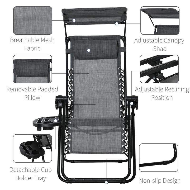 Outsunny Zero Gravity Garden Deck Folding Chair Patio Sun Lounger Reclining Seat with Cup Holder & Canopy Shade - Grey 4