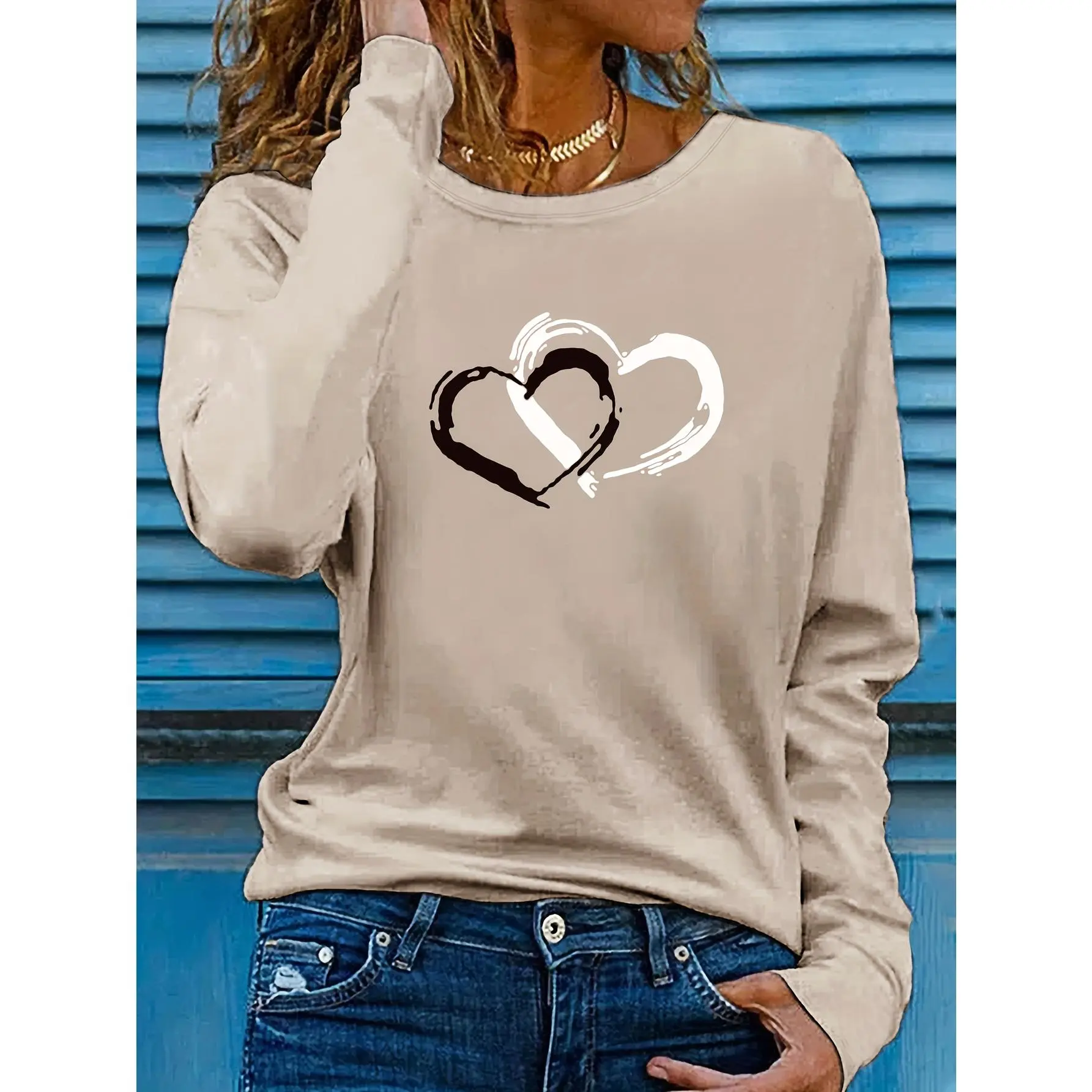 Heart Print Crew Neck T-shirt, Casual Long Sleeve Top For Spring & Fall, Women's Clothing Womenswear Comfort Tshirt Streetwear