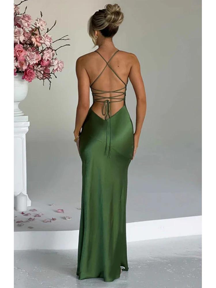 Product Introduction of Bandage Backless Elegant Dress Split Hem Spaghetti Strap Slim Cocktail Party Club Fashion Satin Solid Lace-Up Long Dresses 12