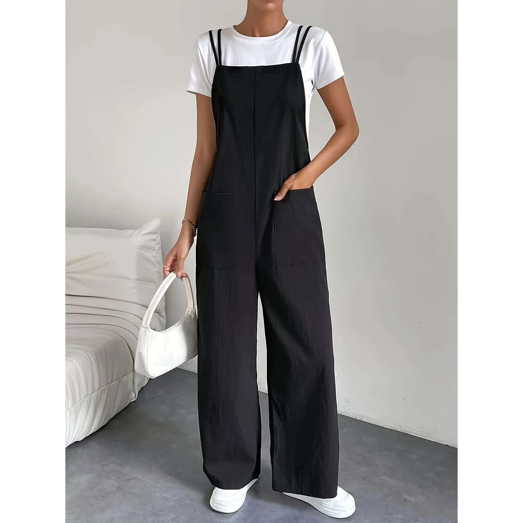 Solid Pockets Overall Jumpsuit, Casual Overall Jumpsuit For Spring & Summer, Women's Clothing
