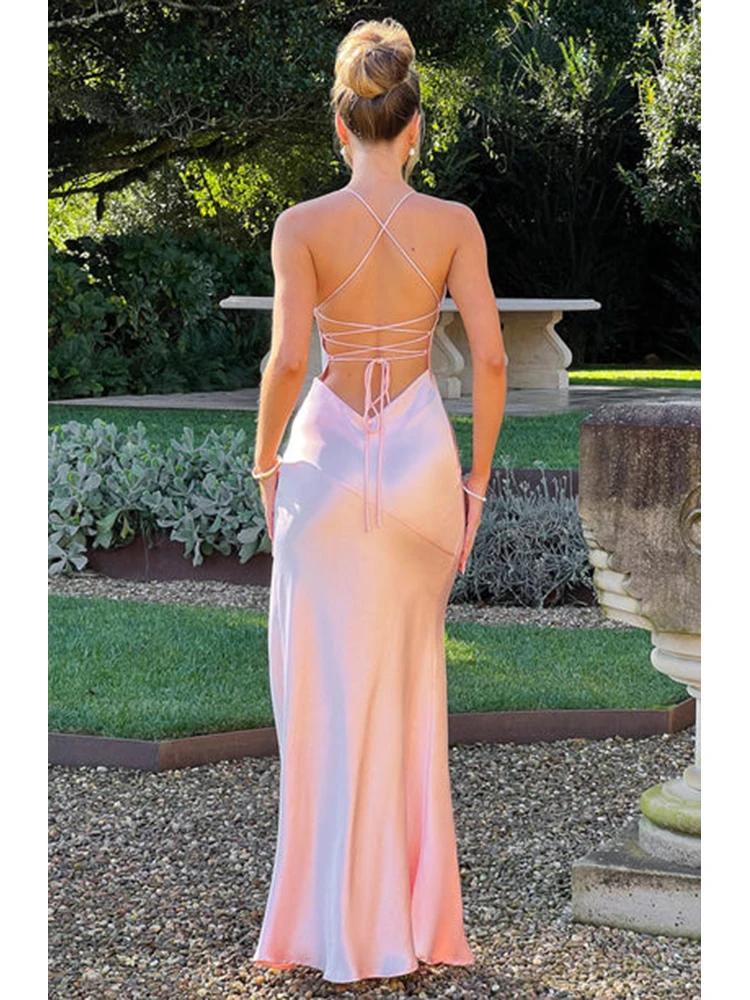 Product Introduction of Bandage Backless Elegant Dress Split Hem Spaghetti Strap Slim Cocktail Party Club Fashion Satin Solid Lace-Up Long Dresses 4