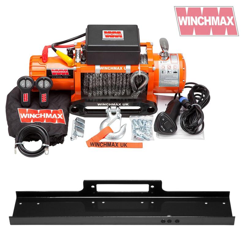 13,500lb (6,123kg) Original Orange 12v Electric Winch. 28 x 11mm Dyneema Rope, Flat Bed Mounting Plate 0