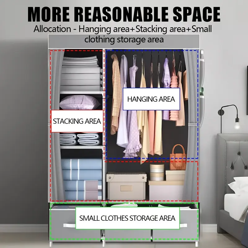 A Set Stylish Grey Canvas Wardrobe With 3 Storage Bins - Easy Assembly Durable & Spacious Closet Organizer For Home Bedroom Folding Clothes Storage Solution Portable Closets 4