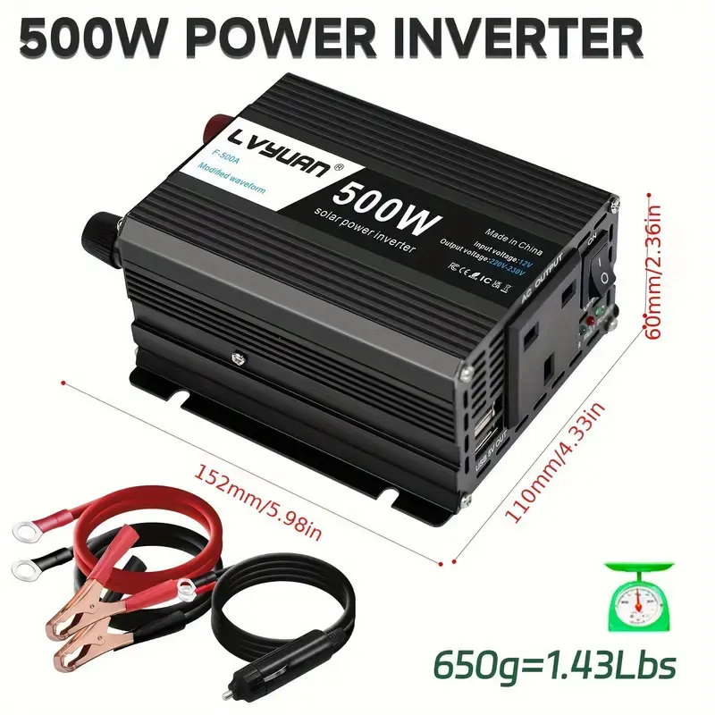 LVYUAN 500W Power Inverter DC 12V to 220V - 240V AC Transformer Car Converter 12V with dual USB ports & UK Sockets Charger Lighter Adapter