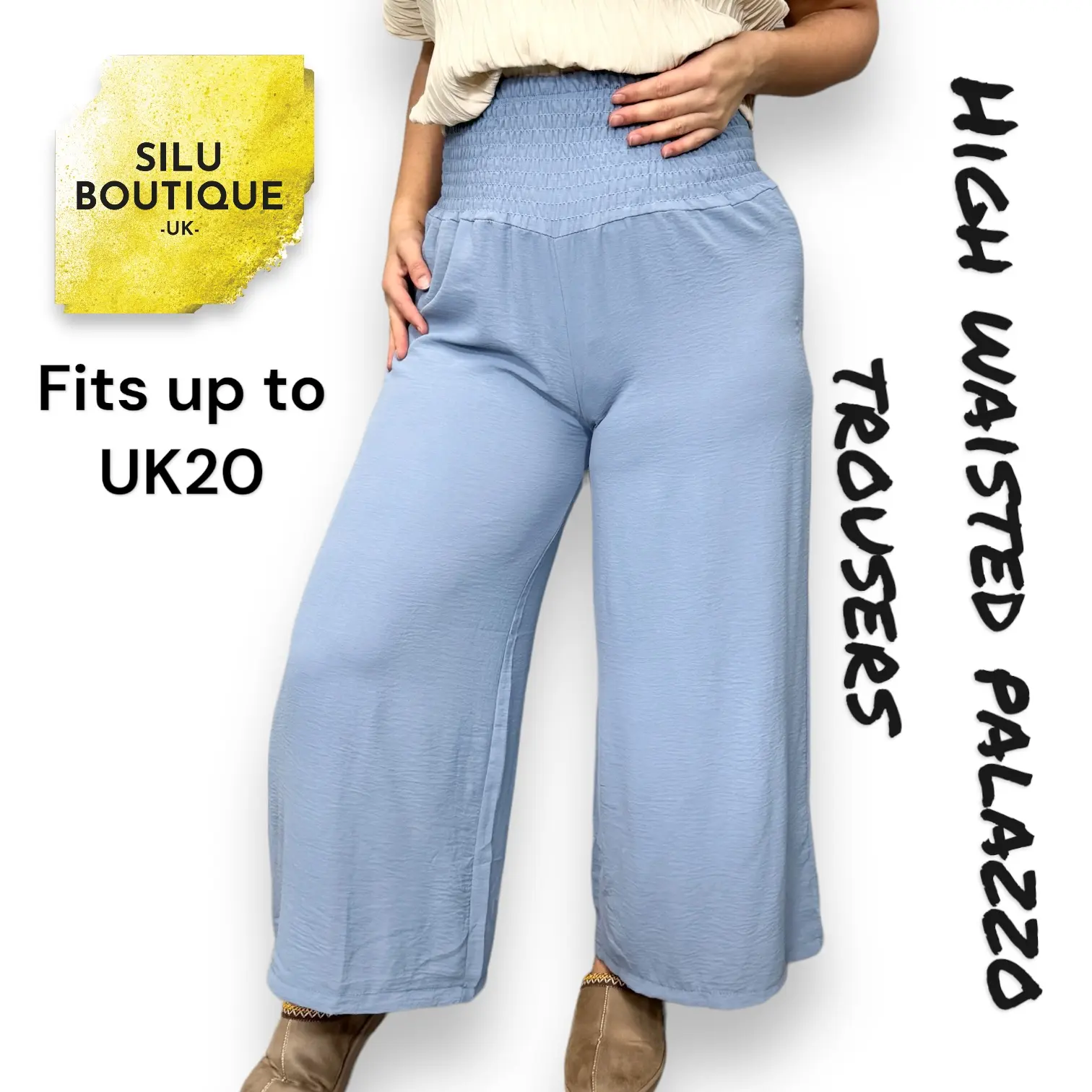 [Silu Boutique] High Waisted Palazzo Trousers Pants, Super Stretch ,Fits up to UK20, Women's Daily Bottom, Ladies Trousers, Women's Wear Fashion