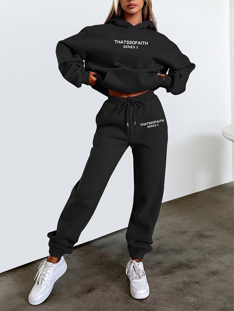 Product Introduction of Letter Print Casual Two-piece Set, Drawstring Hooded Tops & Drawstring Jogger Pants Outfits, Women's Clothing 0