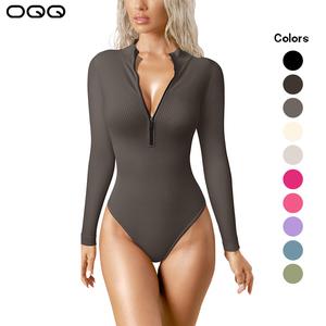 OQQ Women's  Bodysuits Sexy Ribbed One Piece Zip Front Longsleeves Tops Bodysuits Womenswear Lady Vneck Comfort