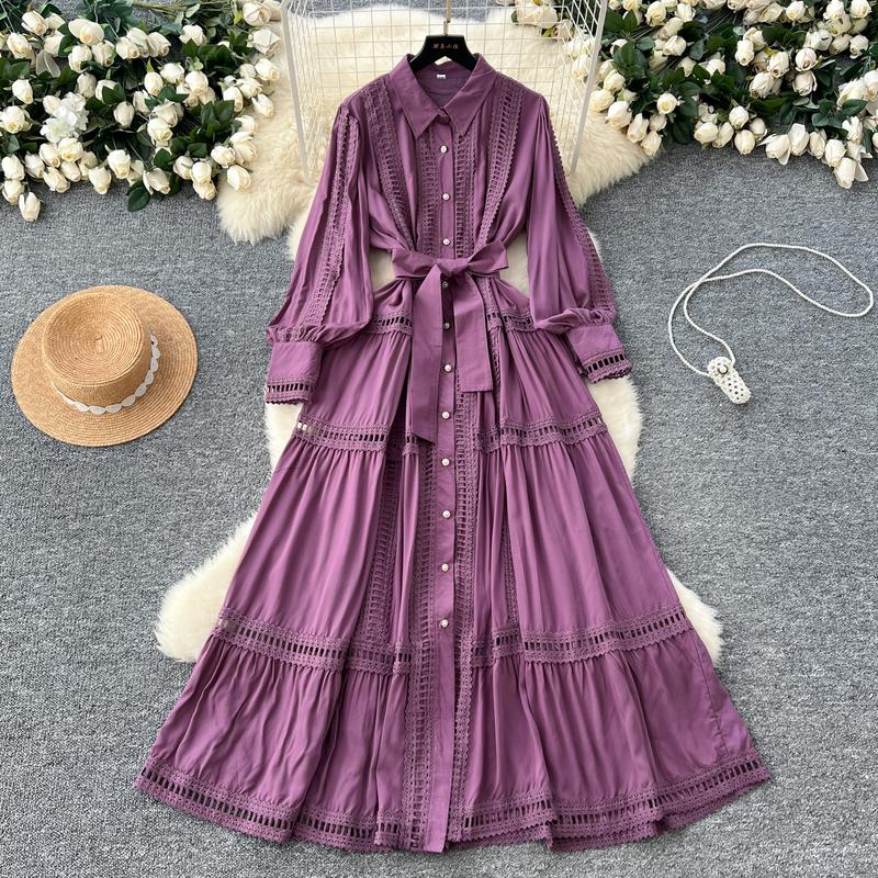 Boutique Wholesale 2024 Autumn New Fashionable Retro Hollow Lace Splicing Waist Slimming Single Breasted Women's Dress 3