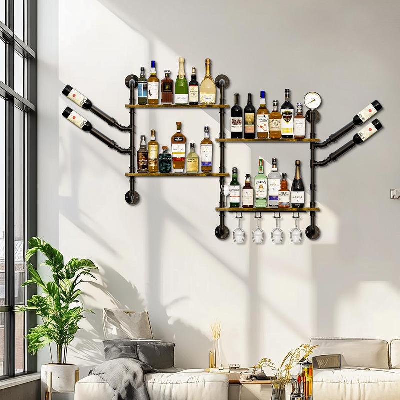 Pipe Bar Liquor Shelf, Floating Shelves with Wine Glass Holder, Wall Black Shelving Unit for Living Room and Kitchen 2