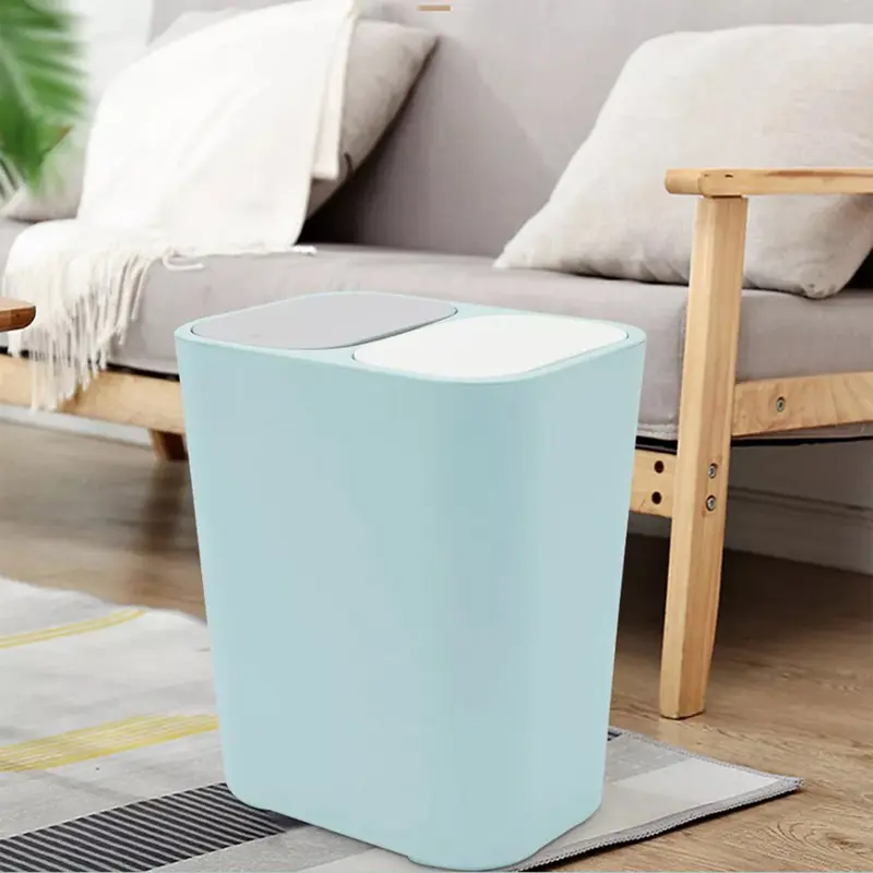LN COZY CORNER  Double Recycling Waste Bin 12L Recycling Garbage Container Rectangle Plastic Push Button Dual Compartment Recycling Garbage for Kitchen Office Home Living Room (Blue) 1