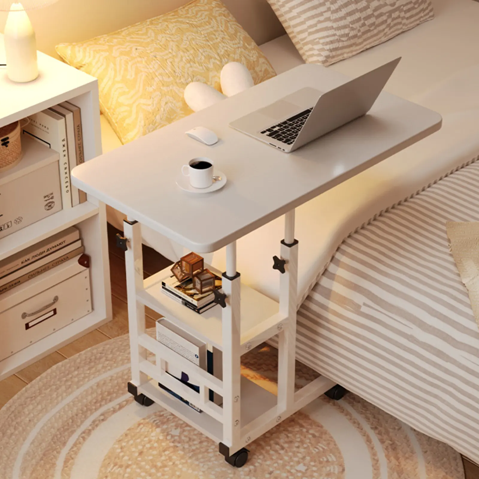 Movable Computer Standing Desk Table, Height Adjustable Office Desk with Wheels, Laptop Table Study for Home Office, Portable Bed Side Folding wicked Work Laptop modern end Table, Coffee Small sofa Tray with Storage, Back to School