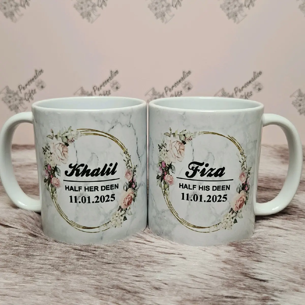 Personalised SET OF 2 Mugs Half His Her Deen Marble Effect Gift Sets Name On Cup Islamic Gifts For Muslims Weddings Couples Engagement Friends Family Floral Grey Pretty Ladies Men Girl Boys Groom Bride With Date