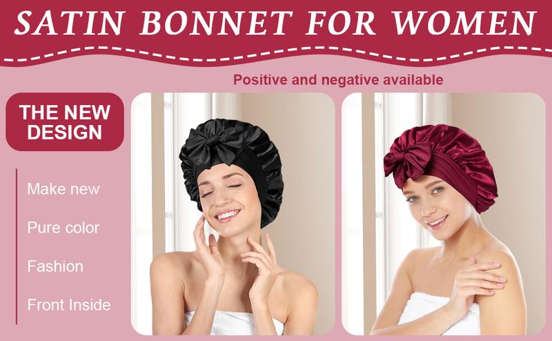 Product Introduction of Satin Bonnet, 2PCS Soft Silk Bonnet Hair Wrap for Sleeping, Night Hair Sleep Cap with Elastic Band, Hair Bonnet for Bath, Hair Care Head Cover Hat for Women Girls Long, Straight and Curly Hair Shower Set 1