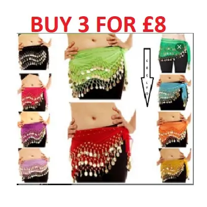 3 ROWS Belly dance- BUY 3 FOR £8- BUY 2 FOR £6.50- costume belt skirt hip wrap outfit gold coin bead scarf