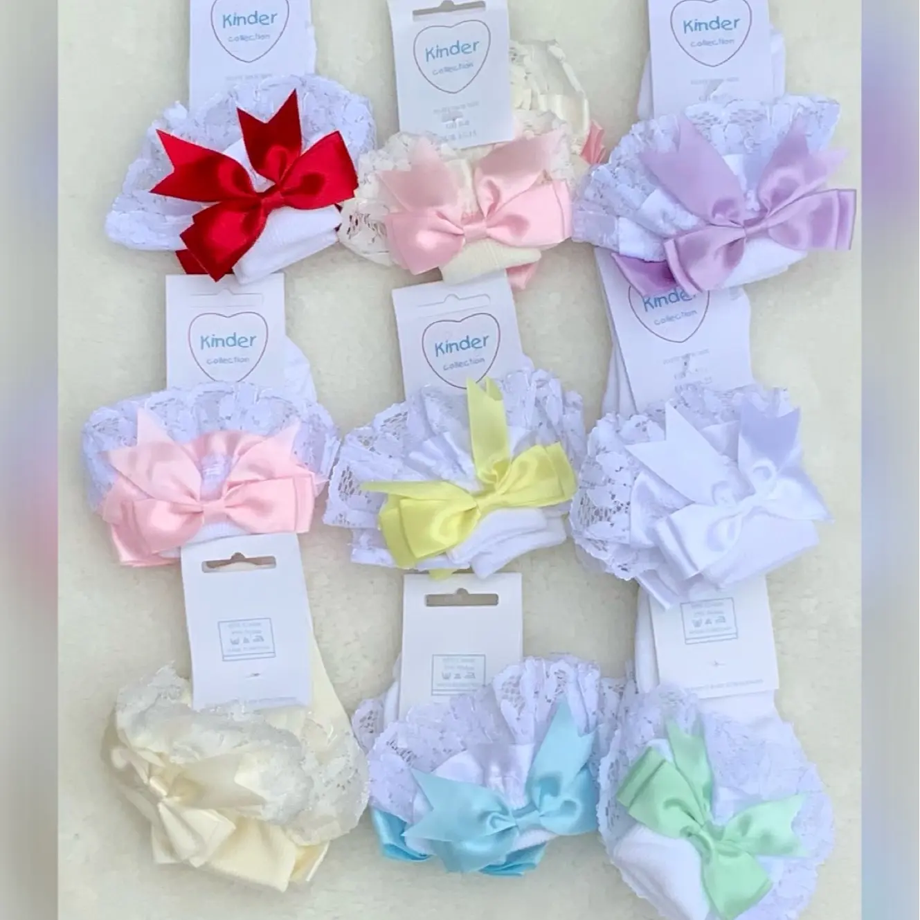 KINDER BABY GIRLS LACE ANKLE SOCKS BOWS PINK MINT BLUE RED LEMON LILAC