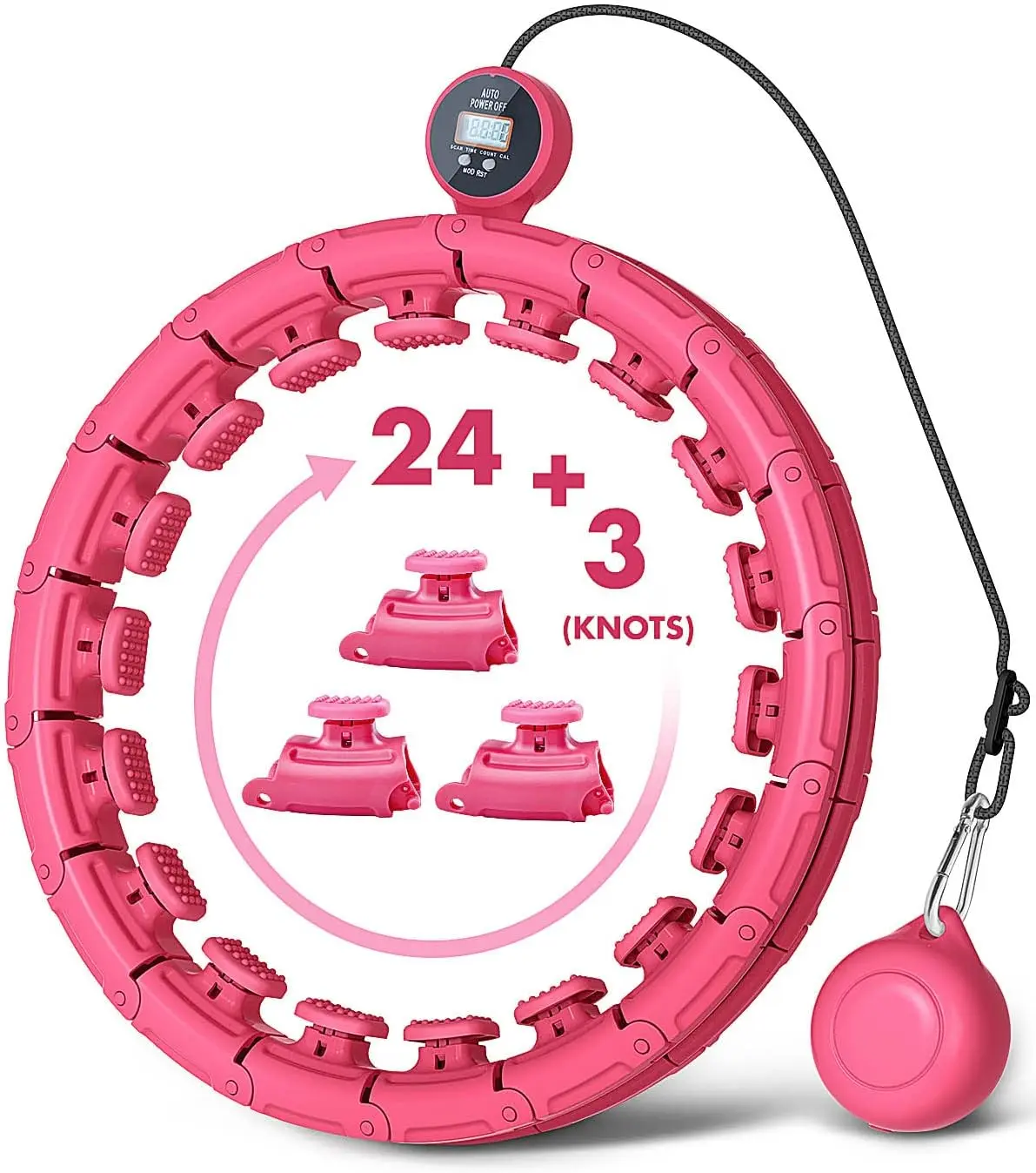 Weighted Hula Hoop, 24+3 Knots Detachable Size Adjustable Smart Hoola Hoop with 400g Auto-Spinning Ball 360 Degree Massage Hula Hoops for Adults Exercise Pink Counting