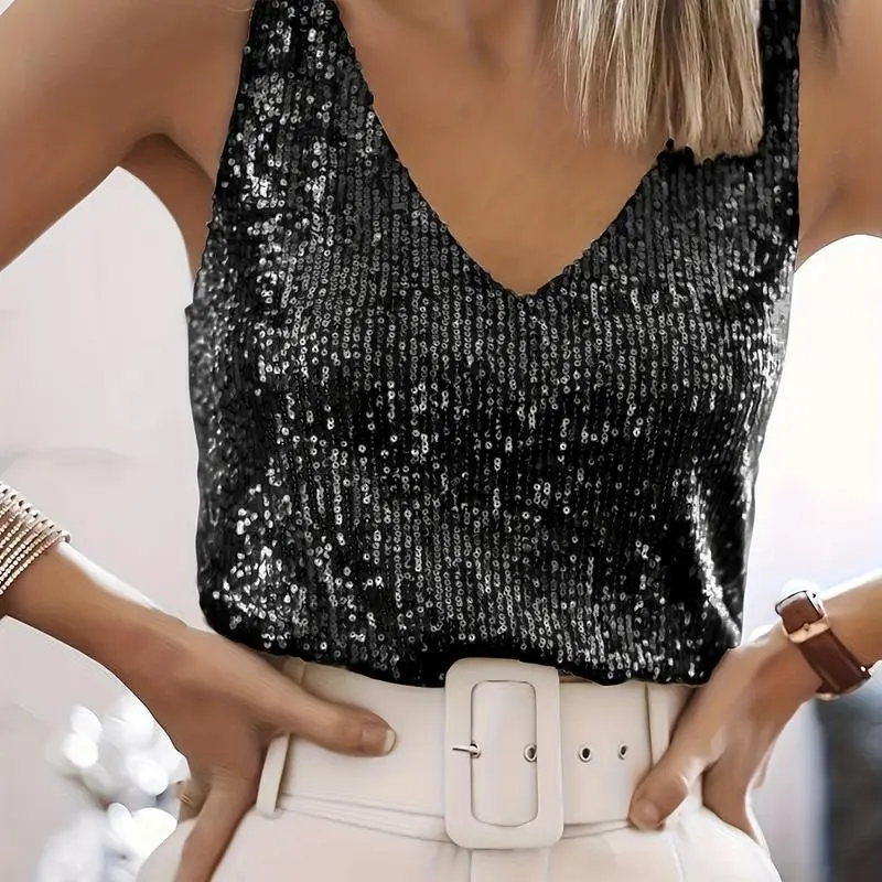 Blouses & Shirts, Womenswear Top Sleeveless Vneck Comfort Sequined V Neck Elegant Tank Top, Women's Sleeveless Clothing,Womens Full Sequin Tank Tops Glitter Club Party Sleeveless Shirt Sparkle Blouses V-Neck Loose Shimmer Vests. Basic Minimalist 1
