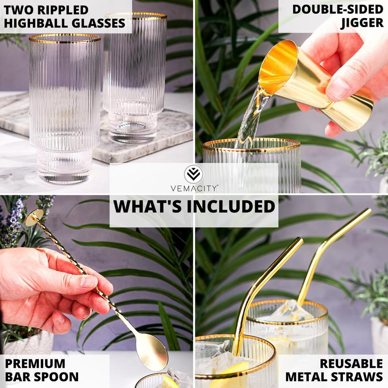 Stunning Ripple Crystal Highball Glasses- 2 Handmade Coffee Glasses + Cocktail Accessories | 2 Metal Straws, Bar Spoon & Jigger Drinkware Reusable Set Stylish 1
