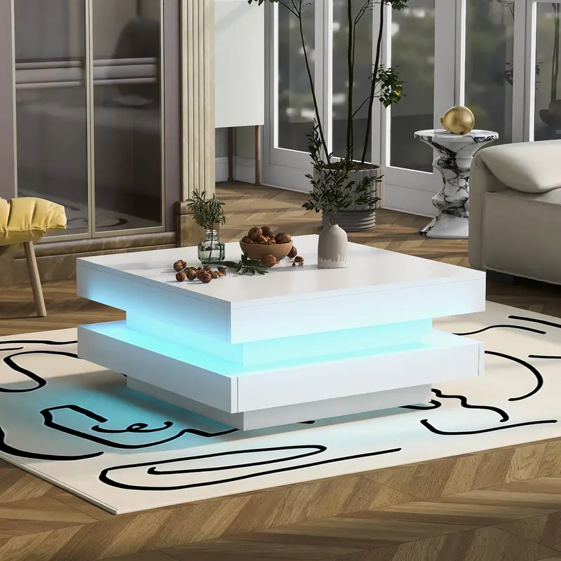 BTM Luxury Modern Furniture  70x70x36 cm Black Square High Gloss Coffee Table with 360° Rotating Top, Tea Table with 16-Color LED light 4
