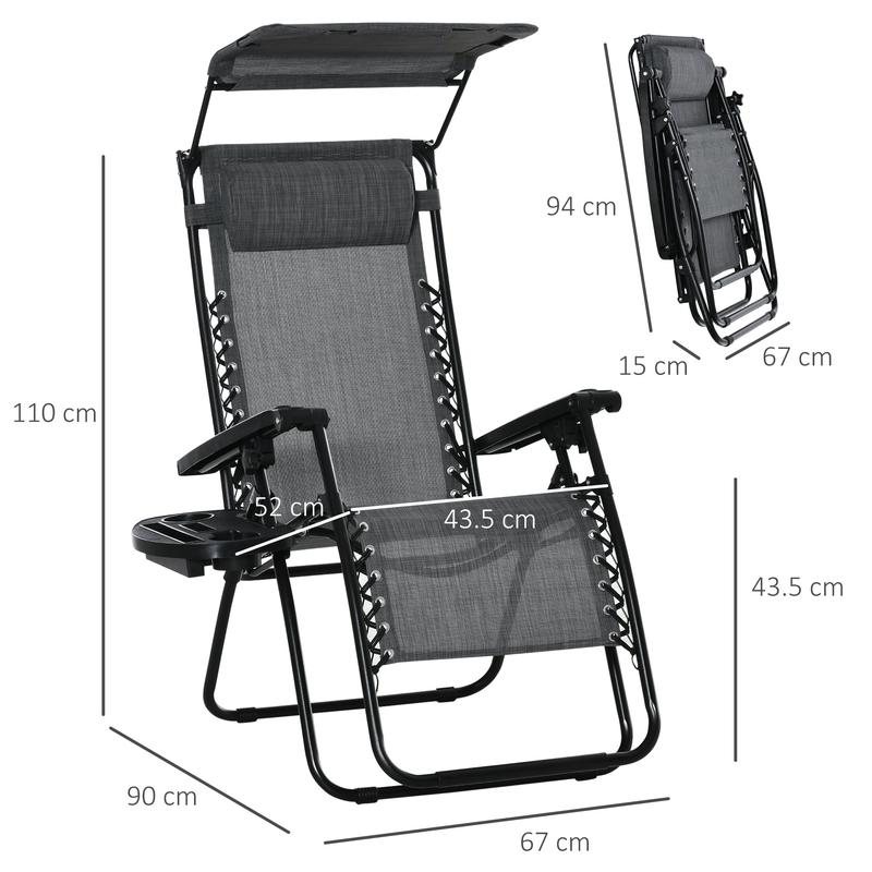 Outsunny Zero Gravity Garden Deck Folding Chair Patio Sun Lounger Reclining Seat with Cup Holder & Canopy Shade - Grey 2