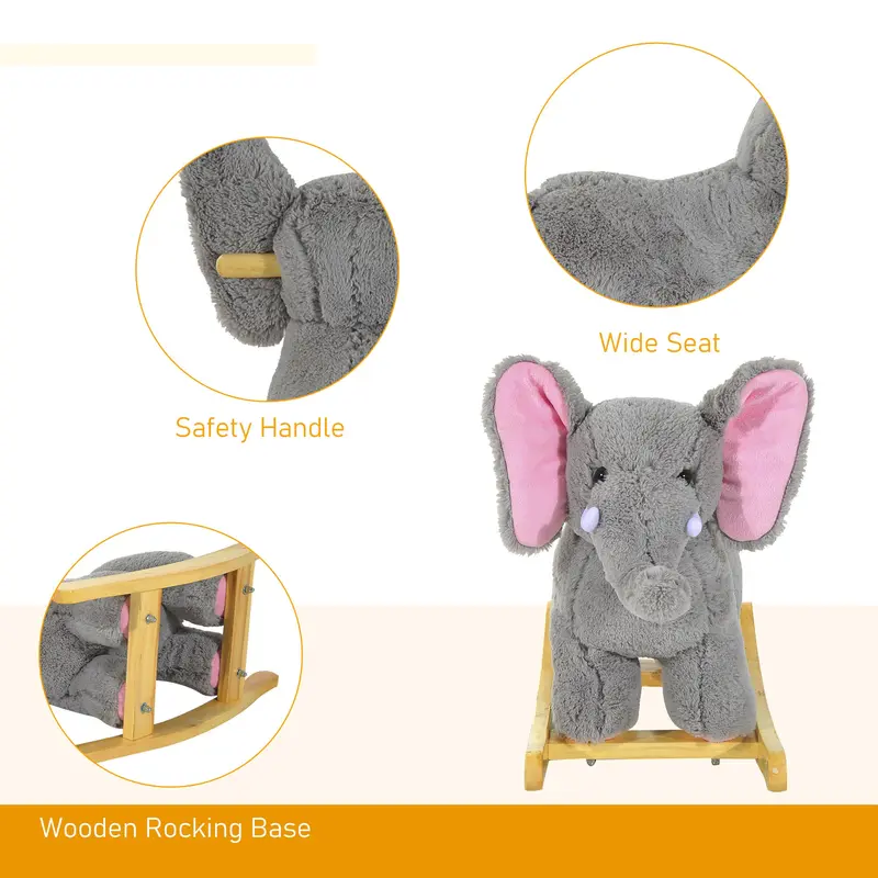 HOMCOM Kids Children Rocking Horse Plush Ride on Animal Wooden Riding Traditional Rocker Gift w/32 nursery rhymes (Grey Elephant) 6