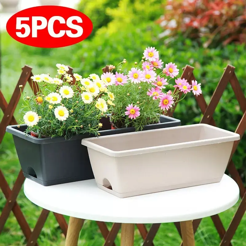 5PCS Trough Plant Pot Long Plastic Planter Outdoor Garden Window Herb Flower Box
