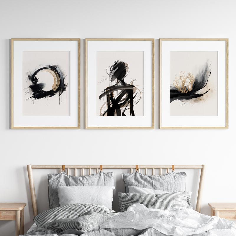 Abstract Wall Art Prints Set of 3 Unframed Black Gold Geometric Contemporary Poster Prints Home Decor 4