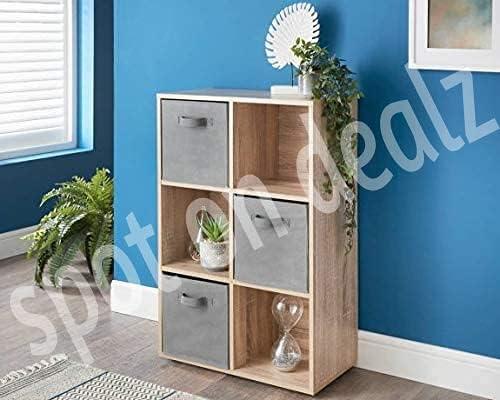 spot on dealz 6 Cubes Wooden Storage Shelving Unit Oak With 3 Grey Fabric Woven Drawer Basket Bookcase Home Office Use Display Furniture Living Room furniture Decor 3