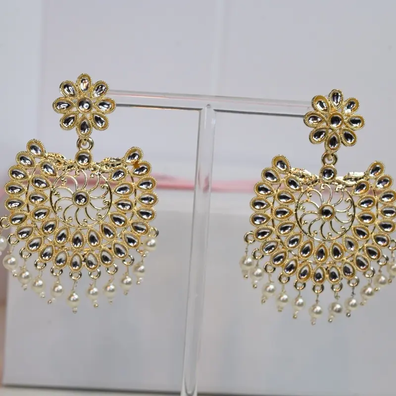White Indian Earrings with Gold Kundan Pearl Chaandbali and Jhumka Design 2