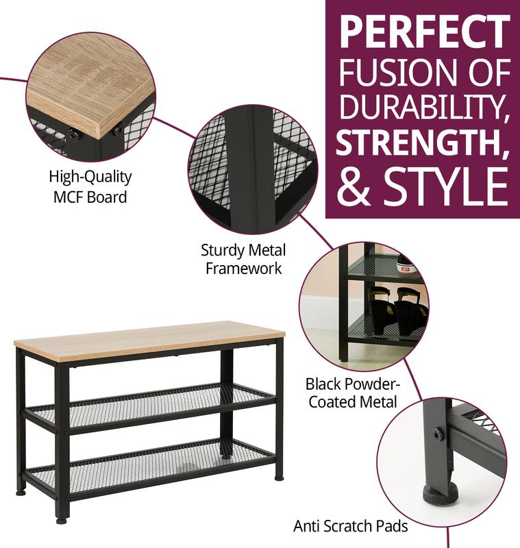 Hallowood Furniture Malvern 2 Tier Metal Shoe Rack with Wooden Oak Effect Top, Modern Shoe Storage, Shoe Rack Storage Organiser Shelf, Small Entryway Bench, Narrow Shoe Rack for 6 Pairs of Shoes 2