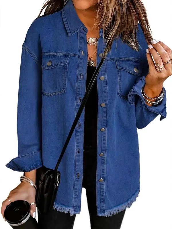 Women’s Oversized Button Up Frayed Hem Shacket Long Sleeve Pockets Denim Jean Jacket Womenswear Coats Comfort Casual Outerwear Fitted 8