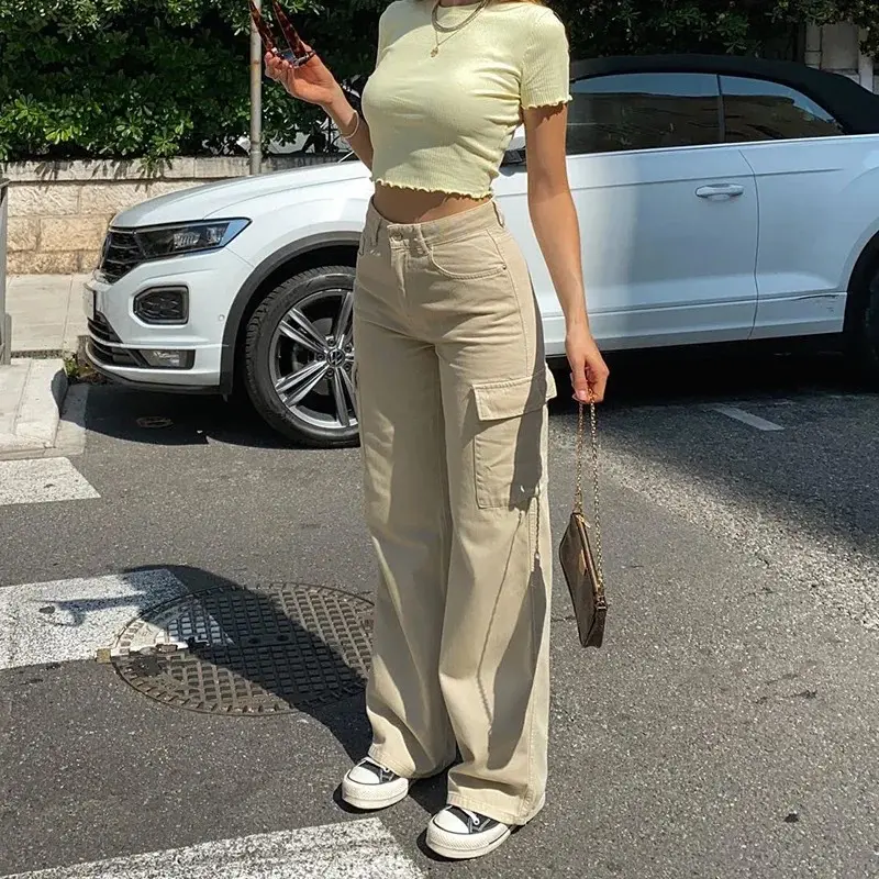 Jeans Women Cargo Pants Long Pant Denim Loose Casual Regular Solid Straight Trousers High Waist Elegant Splice Autumn 2024