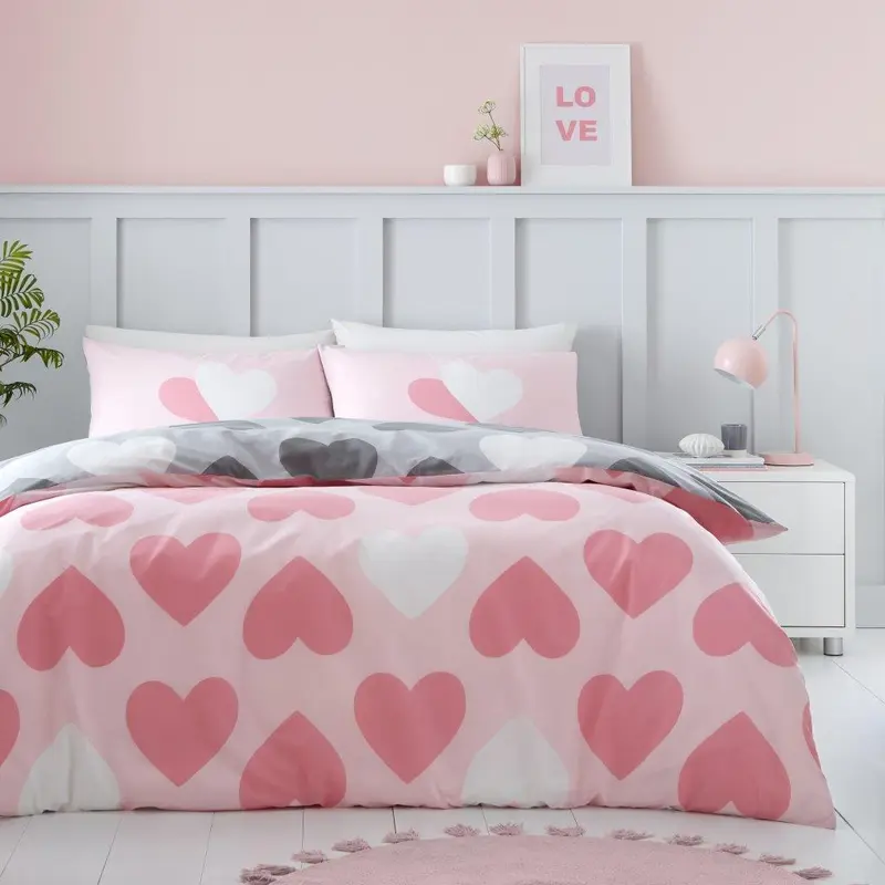 Pretty Heart Reversible Printed Duvet Cover Sets Polycotton Single Double King Superking Size Soft Bedding 0