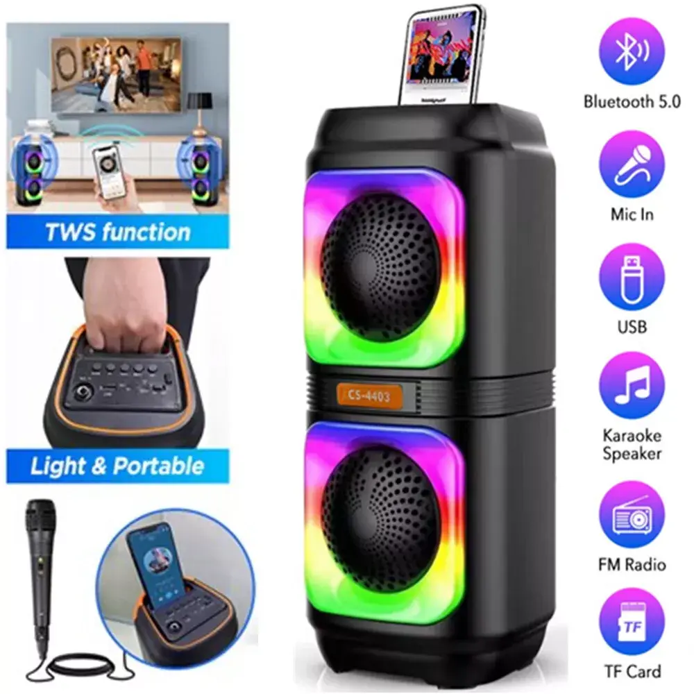 Bluetooth TWS Speakers Karaoke Mic Wireless Subwoofer Outdoor Bass FM USB RGB Audio Smartphone