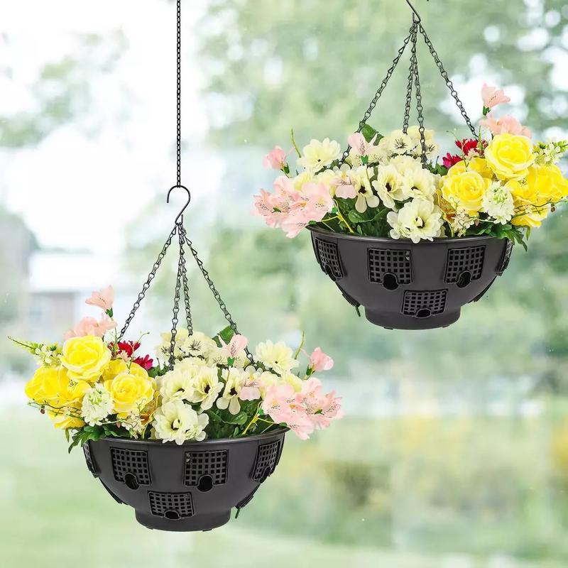 Product Introduction of 2 x Easy Fill 15" Inch Plastic Hanging Basket Black 12 Hole Tough Garden Flower 2